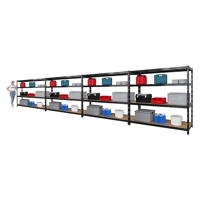 Mega Deal | 4x Profi Schwerlastregal GOLIATH | HxBxT 180x200x60cm | Fachlast 350kg | Schwarz -  - Langgezogenes schwarzes Metallregal mit Holzböden, gefüllt mit verschiedenen Lagerboxen und Kanistern. Eine Frau steht daneben zum Größenvergleich.