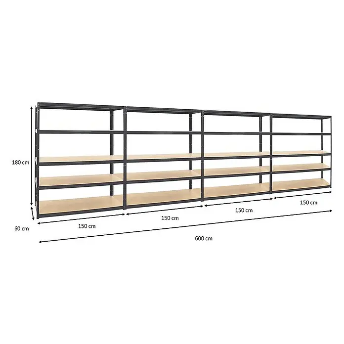Mega Deal | 4x Schwerlastregal Giant Elephant | HxBxT 180x150x60 cm |  Fachlast 200kg | Schwarz -  - Vier verbundene Metall- und Holzregale. Maße: 180 cm hoch, 60 cm tief, 600 cm breit.