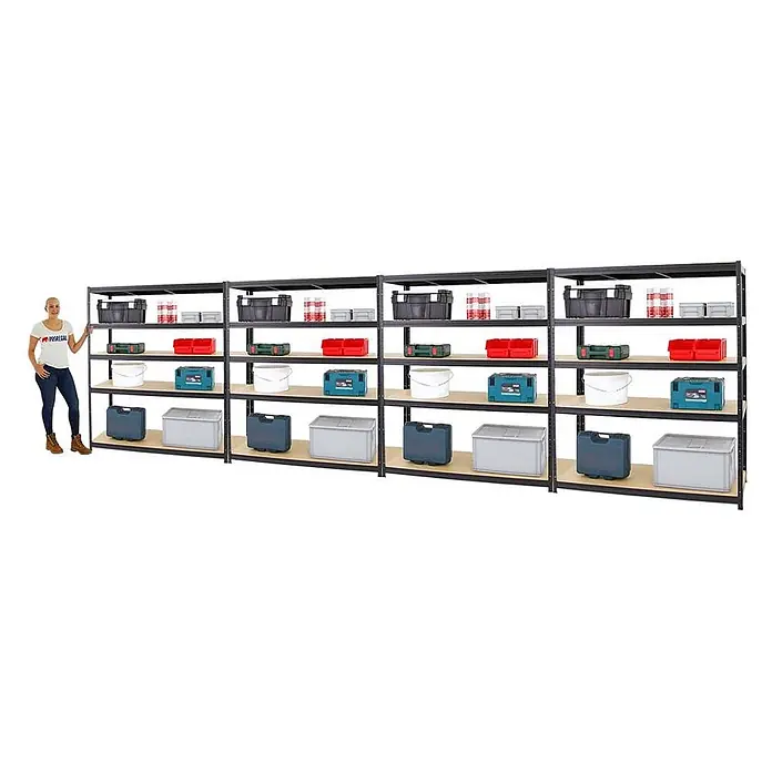 Mega Deal | 4x Schwerlastregal Giant Elephant | HxBxT 180x150x60 cm |  Fachlast 200kg | Schwarz -  - Fünf schwarze Metallregale mit Holzablagen, gefüllt mit verschiedenen Aufbewahrungsgegenständen, daneben eine Person zur Demonstration der Höhe.