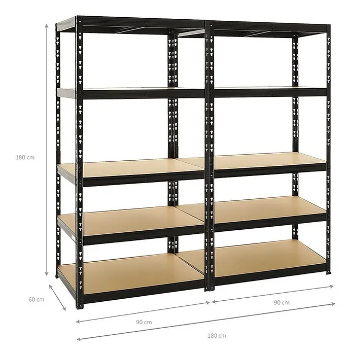 Mega Deal | 2x Schwerlastregal Tiger | HxBxT 180x90x60 cm |  Fachlast 265kg | Schwarz -  - Schwarzes Metallregal, 180x180x60 cm, mit 10 hellbraunen Holzablagen.