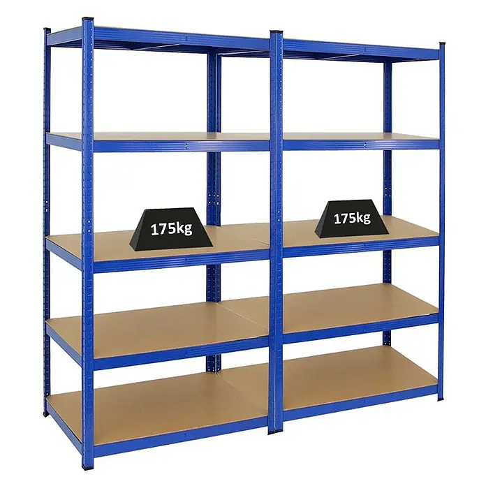 Mega Deal | 2x Schwerlastregal TAURUS | HxBxT 180x90x60cm | Fachlast 175kg | Blau -  - Zwei blaue Metallregale mit fünf braunen Einlegeböden, die eine Tragfähigkeit von 175 kg pro Boden zeigen.