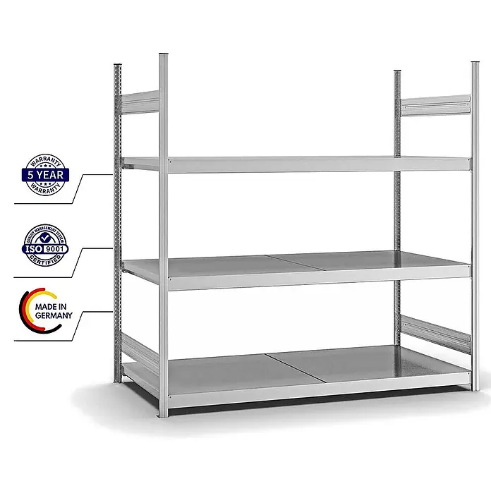Proregal Schwerlastregal MAGNUS Stecksystem - H x B x T: 200 x 200 x 80 cm, Traglast pro Boden: 350 kg, Anzahl Böden: 3 Stk., Stecken, Verzinkt - Graues Metallregal mit drei verstellbaren Ablagen.