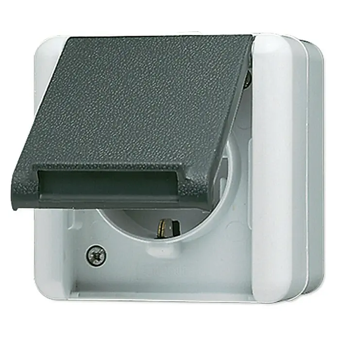 Jung WG 800 Steckdose 820W - Anthrazit, Kunststoff, Aufputzmontage - Schutzkontaktsteckdose für den Außenbereich. Die Steckdose ist weiß mit einem grauen Klappdeckel zum Schutz vor Witterungseinflüssen.