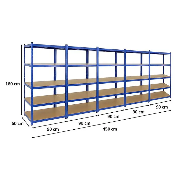 Mega Deal | 5x Schwerlastregal TAURUS | HxBxT 180x90x60cm | Fachlast 175kg | Blau -  - Blaues Metallregal mit braunen Ablagen, 180 cm hoch, 60 cm tief und 450 cm breit.