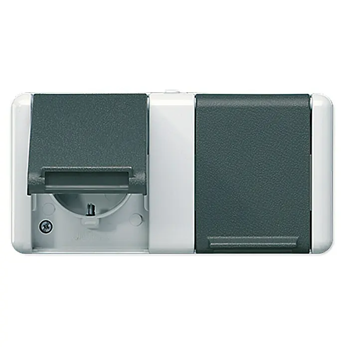 Jung WG 800 Steckdose 8220W - 2-fach, Horizontal, Anthrazit, IP44 - Nahaufnahme einer Doppelsteckdose mit Klappdeckel in Grau und Weiß, ideal für den Einsatz im Innenbereich.