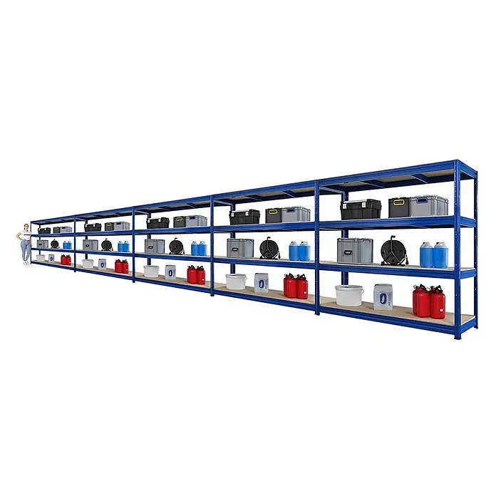 Mega Deal | 5x Schwerlastregal DINO | HxBxT 180x200x60cm | 4 Spanplatten-Ebenen 16mm | Fachlast 500kg | Blau -  - Langes blaues Metallregal mit mehreren Böden, das diverse Behälter und Boxen lagert. Eine Person daneben zeigt die Regalgröße an.