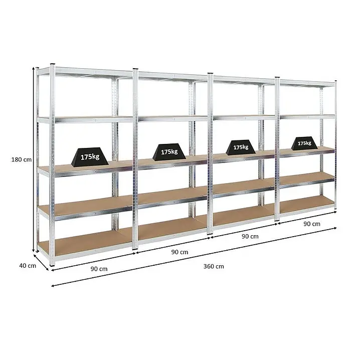 Mega Deal | 4x Schwerlastregal Ragnar | HxBxT 180x90x40cm | 5 MDF-Platten-Ebenen | Fachlast 175kg | Verzinkt -  - Metallregal, 360x40x180 cm, mit vier Sektionen und Holzablagen, je 175kg Tragkraft.