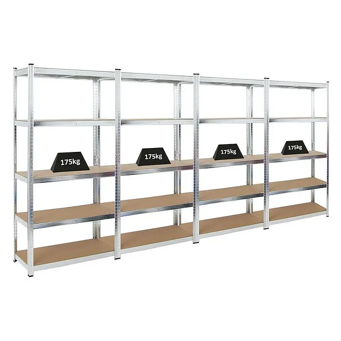 Mega Deal | 4x Schwerlastregal Ragnar | HxBxT 180x90x40cm | 5 MDF-Platten-Ebenen | Fachlast 175kg | Verzinkt -  - Vier verbundene silberfarbene Metallregale mit je fünf holzfarbenen Böden, Belastbarkeit 175kg.