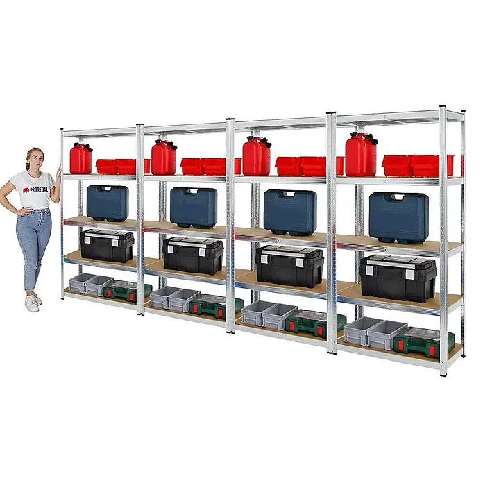 Mega Deal | 4x Schwerlastregal Ragnar | HxBxT 180x90x40cm | 5 MDF-Platten-Ebenen | Fachlast 175kg | Verzinkt -  - Großes silberfarbenes Metallregal mit Holzböden, gefüllt mit Lagerboxen, mit Frau zur Größenansicht.