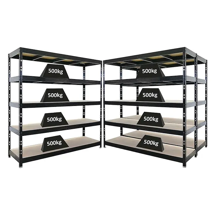 Mega Deal | 3x Profi Schwerlastregal Rhino | HxBxT 200x200x60cm | 5 Spanplatten-Ebenen 8mm | Fachlast 500kg | Schwarz -  - Zwei schwarze Schwerlast-Metallregale, jedes Regalbrett mit 500 kg Gewichten beladen, um die hohe Tragfähigkeit zu demonstrieren.