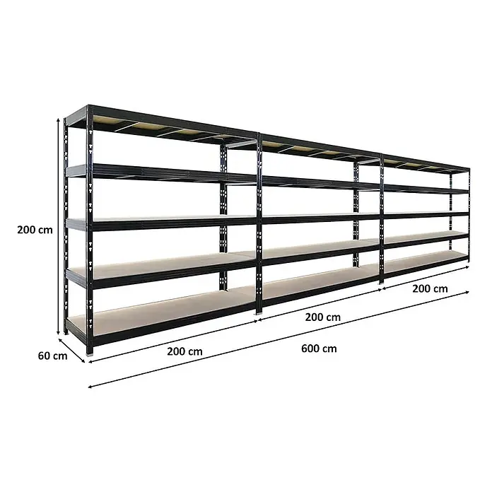 Mega Deal | 3x Profi Schwerlastregal Rhino | HxBxT 200x200x60cm | 5 Spanplatten-Ebenen 8mm | Fachlast 500kg | Schwarz -  - Langes, schwarzes Metallregal mit fünf Ablagen, 200 cm hoch, 60 cm tief und 600 cm lang.