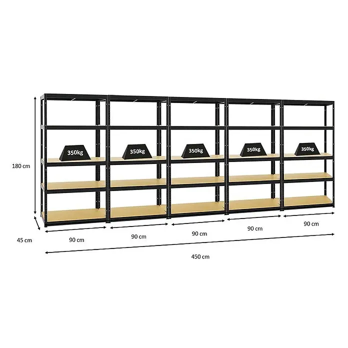 Mega Deal | 5x Schwerlastregal Slim Elephant S | HxBxT 180x90x45 cm | 5 Ebenen | Fachlast 350 kg | Schwarz -  - Schwarzes Schwerlastregal aus Metall mit hellen Holzregalböden, 180x450x45cm, 350kg Traglast pro Boden.