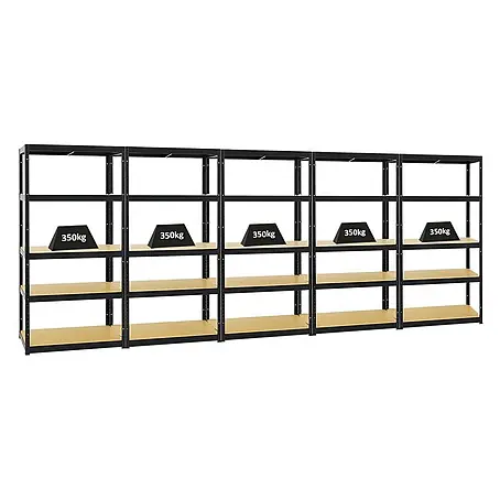 Mega Deal | 5x Schwerlastregal Slim Elephant S | HxBxT 180x90x45 cm | 5 Ebenen | Fachlast 350 kg | Schwarz