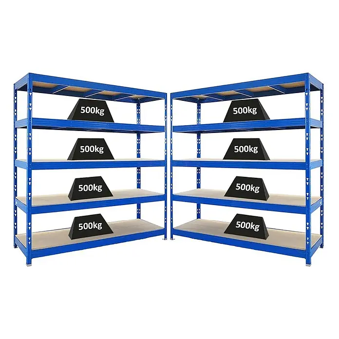 Mega Deal | 2x Profi Schwerlastregal Rhino | HxBxT 200x200x60cm | 5 Spanplatten-Ebenen 8mm | Fachlast 500kg | Blau -  - Zwei blaue Schwerlastregale aus Metall mit je fünf Regalböden, jeder mit 500kg Traglast.