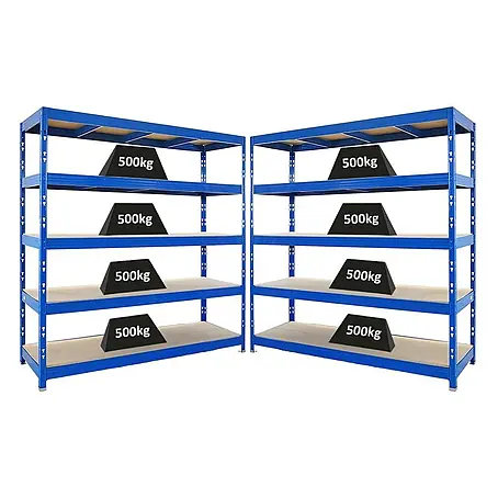 Mega Deal | 2x Profi Schwerlastregal Rhino | HxBxT 200x200x60cm | 5 Spanplatten-Ebenen 8mm | Fachlast 500kg | Blau