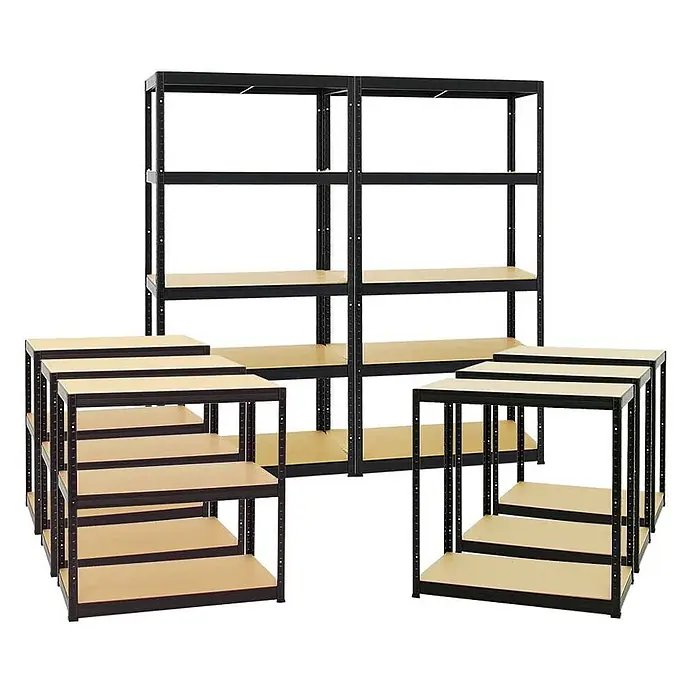 Mega Deal | 5x Schwerlastregal Slim Elephant S | HxBxT 180x90x45 cm | 5 Ebenen | Fachlast 350 kg | Schwarz -  - Mehrere schwarze Metallregale mit hellen Holzablagen, in hohen und niedrigen Konfigurationen für vielseitige Lagerung angeordnet.