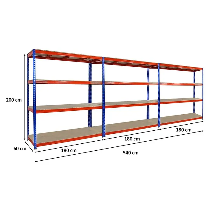 Mega Deal | 3x Profi Schwerlastregal BISON | HxBxT 200x180x60cm | 4 Fachböden | Fachlast 600kg | Blau-Orange -  - Langes Schwerlastregal aus Metall, 540x200x60 cm, mit blauen Pfosten, roten Trägern und vier hellen Böden.