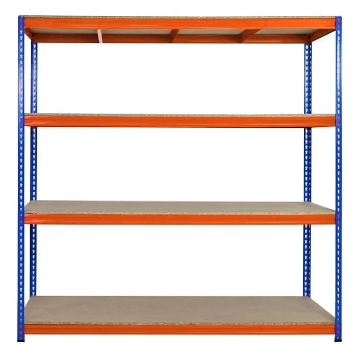 Profi Schwerlastregal BISON | HxBxT 200x200x60cm | 4 Spanplatten-Ebenen 15mm | Fachlast 600kg | Blau-Orange -  - Vierstufiges Schwerlastregal mit blauen Pfosten, orangefarbenen Trägern und Holzregalböden.