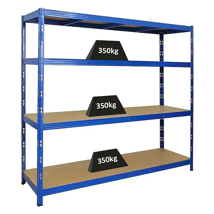 Profi Schwerlastregal GOLIATH | HxBxT 180x200x60cm | Fachlast 350kg | 4 Ebenen | Blau -  - Schwerlastregal aus blauem Metall mit vier braunen Holzablagen, jede für 350kg Traglast.