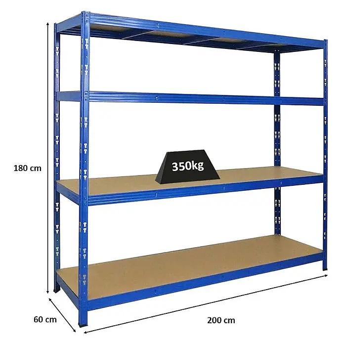 Profi Schwerlastregal GOLIATH | HxBxT 180x200x60cm | Fachlast 350kg | 4 Ebenen | Blau -  - Blaues Schwerlast-Metallregal mit vier Holzfächern, 180cm hoch, 200cm lang, 60cm tief, 350kg Traglast pro Fach.