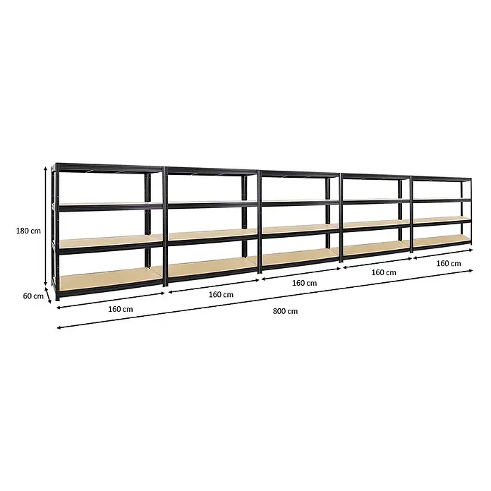 Mega Deal | 5x Schwerlastregal DINO | HxBxT 180x160x60cm | 4 MDF-Platten-Ebenen 6,5 mm | Fachlast 600kg | Schwarz -  - Schwarze Metallregale mit hellen Holzablagen, 180 cm hoch, 60 cm tief und insgesamt 800 cm breit.