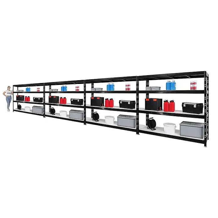 Mega Deal | 4x Profi Schwerlastregal Rhino | HxBxT 180x200x60cm | 4 Melamin-Ebenen 16mm | Fachlast 500kg | Schwarz -  - Langes schwarzes Metallregal mit weißen Böden, gefüllt mit Lagerboxen. Eine Person dient als Maßstab.