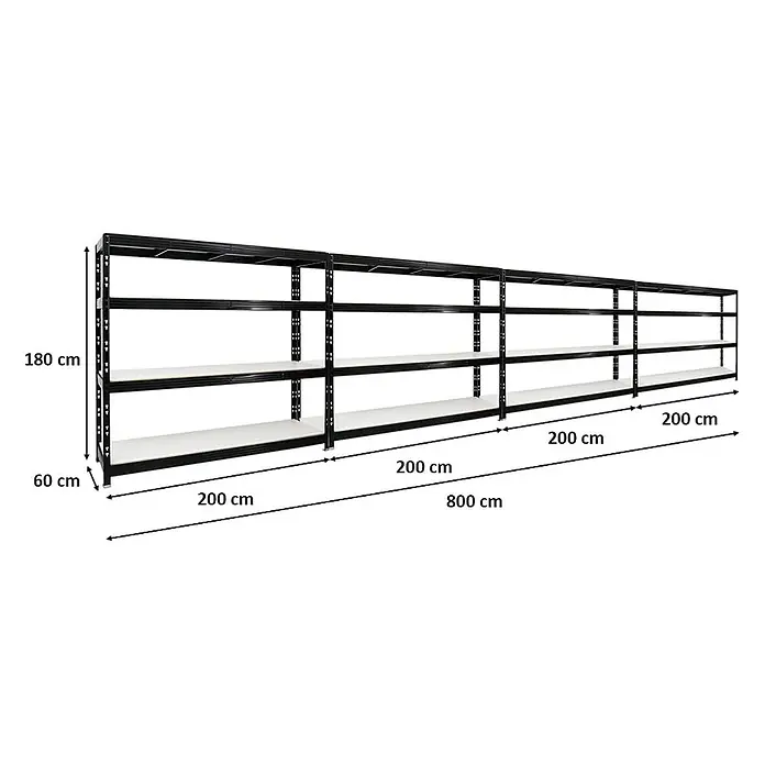 Mega Deal | 4x Profi Schwerlastregal Rhino | HxBxT 180x200x60cm | 4 Melamin-Ebenen 16mm | Fachlast 500kg | Schwarz -  - Schwarzes Schwerlastregal aus Metall mit weißen Böden, 800 cm lang, 180 cm hoch, 60 cm tief.