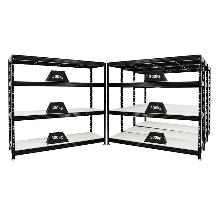 Mega Deal | 4x Profi Schwerlastregal Rhino | HxBxT 180x200x60cm | 4 Melamin-Ebenen 16mm | Fachlast 500kg | Schwarz -  - Zwei robuste schwarze Metallregale mit weißen Böden, jeder Boden für 500 kg ausgelegt.