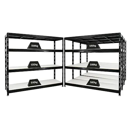 Mega Deal | 4x Profi Schwerlastregal Rhino | HxBxT 180x200x60cm | 4 Melamin-Ebenen 16mm | Fachlast 500kg | Schwarz