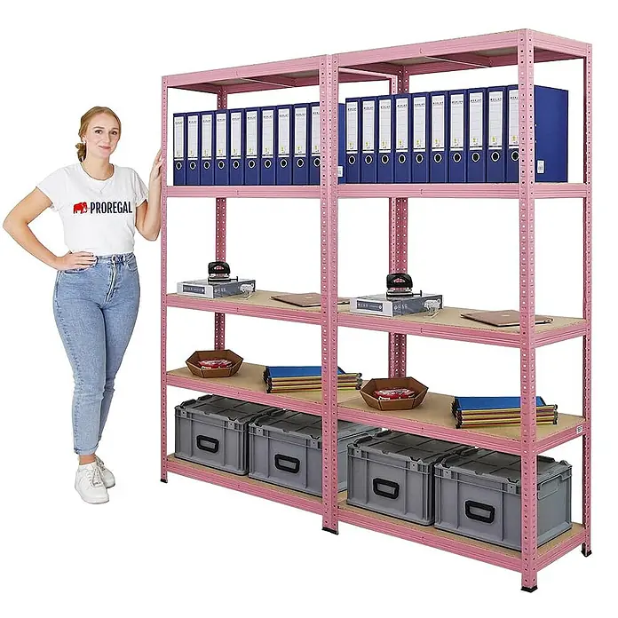 Mega Deal | 2x Wohnregal PINK LADY | HxBxT 180x90x40cm| Fachlast 175kg | 5 Ebenen | Pink -  - Rosa Metallregal mit fünf Ablagen, gefüllt mit Bürobedarf und Aufbewahrungsboxen, eine Person zeigt die Höhe.