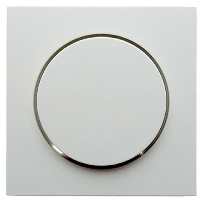 Berker S.1 Dimmerabdeckung 11378989 - Polarweiß glänzend, Kunststoff - Nahaufnahme eines weißen Lichtschalters mit einem runden Knopf und einem silbernen Rand. Das quadratische Design ist minimalistisch.