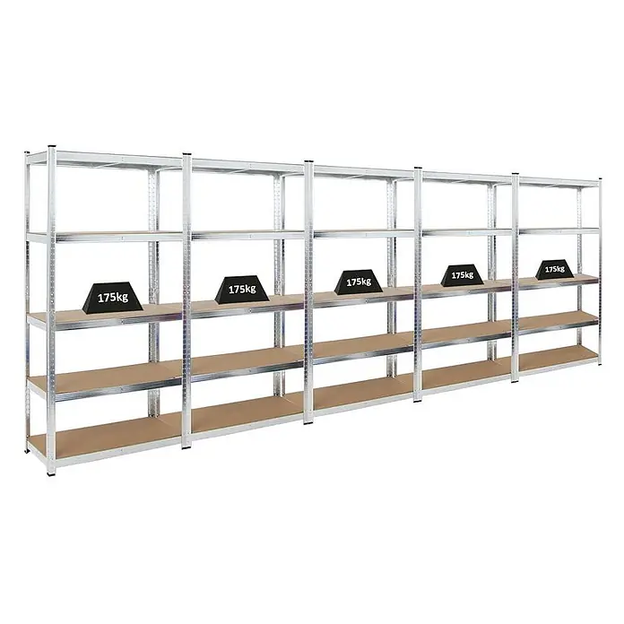 Set Deal 5x Schwerlastregal Ragnar 180x90x40cm 5 MDF-Ebenen 175kg Verzinkt -  - Fünf verzinkte Metallregale mit braunen Holzfächern, die 175 kg Traglast pro Fach zeigen.