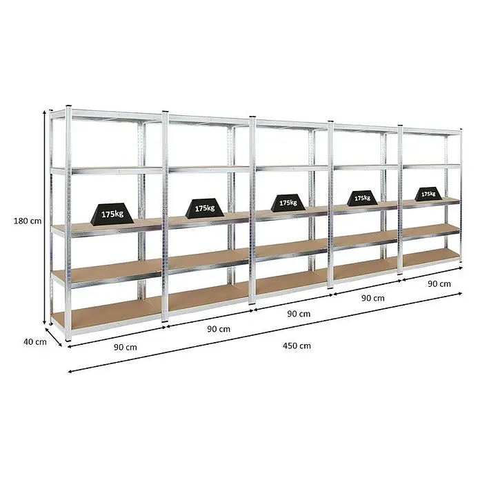 Set Deal 5x Schwerlastregal Ragnar 180x90x40cm 5 MDF-Ebenen 175kg Verzinkt -  - Großes, silbernes Schwerlastregal aus verzinktem Stahl mit Holzregalböden. Das 450x40x180 cm große Regalsystem hat eine Traglast von 175 kg pro Boden.