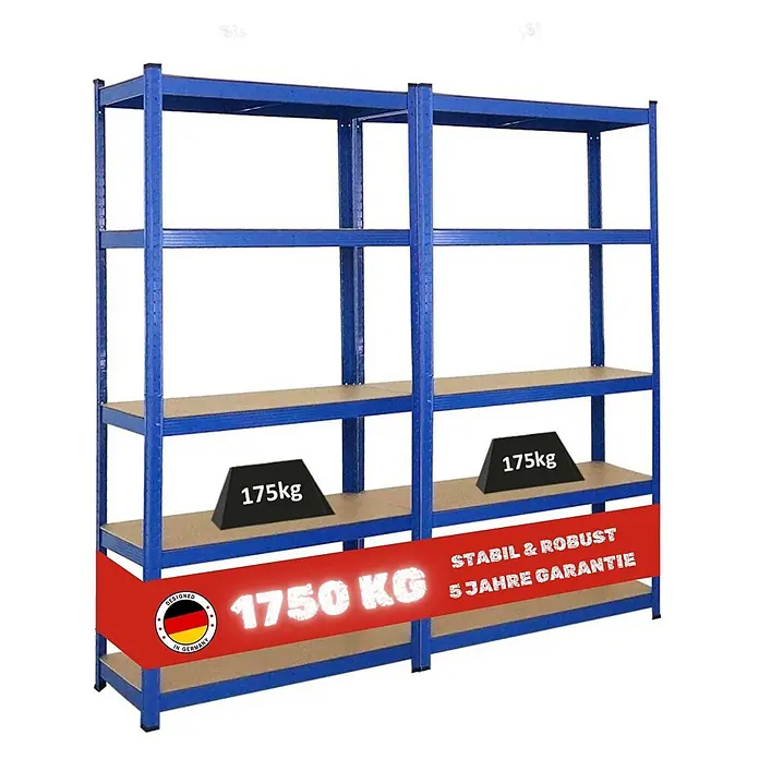 Mega Deal 2x Kellerregal GORILLA | HxBxT 180x90x40cm | Fachlast 175kg | Blau | Garagenregal Schwerlastregal Werkstattregal Lagerregal Steckregal -  - Robustes blaues Metallregal mit Holzregalböden, jeder Boden 175kg, Gesamtkapazität 1750kg.