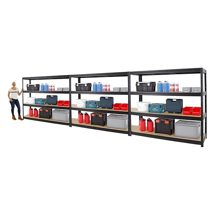 Mega Deal | 3x Schwerlastregal DINO | HxBxT 180x200x60cm | 4 MDF-Platten-Ebenen 6,5 mm | Fachlast 500kg | Schwarz -  - Großes schwarzes Metallregal mit mehreren Böden, gefüllt mit Werkzeugen und Gegenständen. Eine Person steht daneben zur Größenangabe.