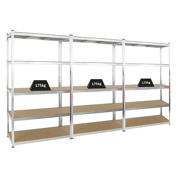 Mega Deal | 3x Schwerlastregal Giant Ragnar | HxBxT 200x120x50cm | 5 MDF-Platten-Ebenen | Fachlast 175kg | Verzinkt -  - Drei verbundene Schwerlastregale aus verzinktem Stahl mit fünf Spanplattenböden, Tragkraft 175 kg.