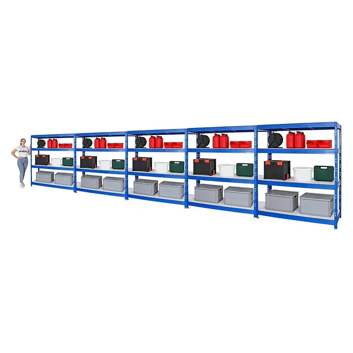 Set Deal 5x Profi Schwerlastregal Rhino 180x160x60cm 4 Böden 500kg Blau -  - Blaue Metallregale mit verschiedenen Lagerbehältern, dargestellt mit einer Frau zum Größenvergleich.