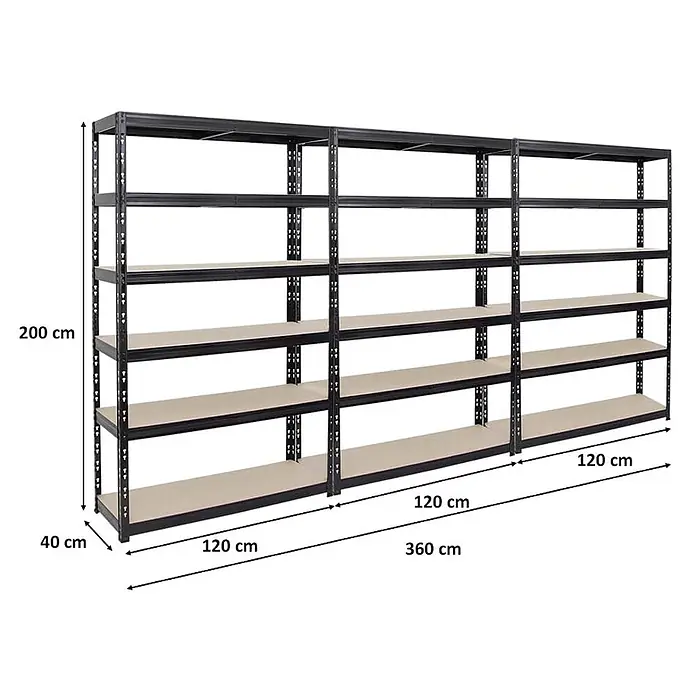 Mega Deal | 3x Schwerlastregal Giant Tiger | HxBxT 200x120x40cm | Fachlast 265kg | 6-Ebenen | Schwarz | Garagenregal, Lagerregal, Steckregal, Kellerregal, Werkstattregal -  - Ein schwarzes Metallregal mit hellbraunen Böden, dreiteilig, Maße 200x40x360 cm.