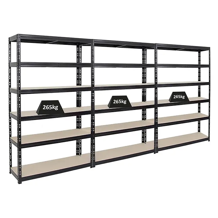 Mega Deal | 3x Schwerlastregal Giant Tiger | HxBxT 200x120x40cm | Fachlast 265kg | 6-Ebenen | Schwarz | Garagenregal, Lagerregal, Steckregal, Kellerregal, Werkstattregal -  - Schwarze Schwerlast-Lagerregale aus Metall mit hellen Böden, die jeweils 265 kg tragen können.
