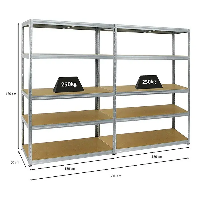 Mega Deal | 2x Schwerlastregal Big Elephant M | HxBxT 180x120x60 cm | Fachlast 250kg | Verzinkt -  - Verzinktes Metallregal, zweiteilig, 240x60x180cm, mit Holzablagen. Jede Ablage trägt 250kg.