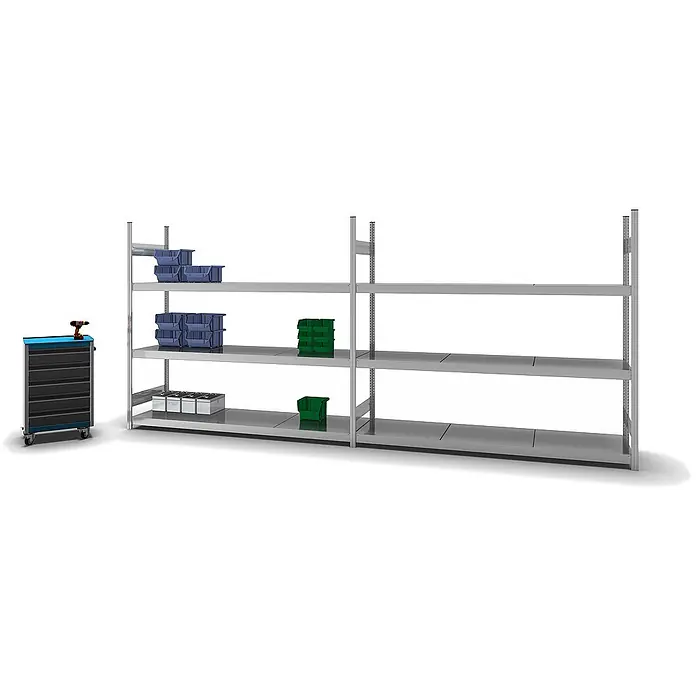 Proregal Schwerlastregal MAGNUS Stecksystem - H x B x T: 200 x 225 x 60 cm, Traglast pro Boden: 350 kg, Anzahl Böden: 3 Stk., Stecken, Verzinkt - Graues Metallregal mit blauen und grünen Lagerbehältern und einem schwarzen und blauen Werkzeugwagen mit Bohrmaschine für die Werkstattlagerung.