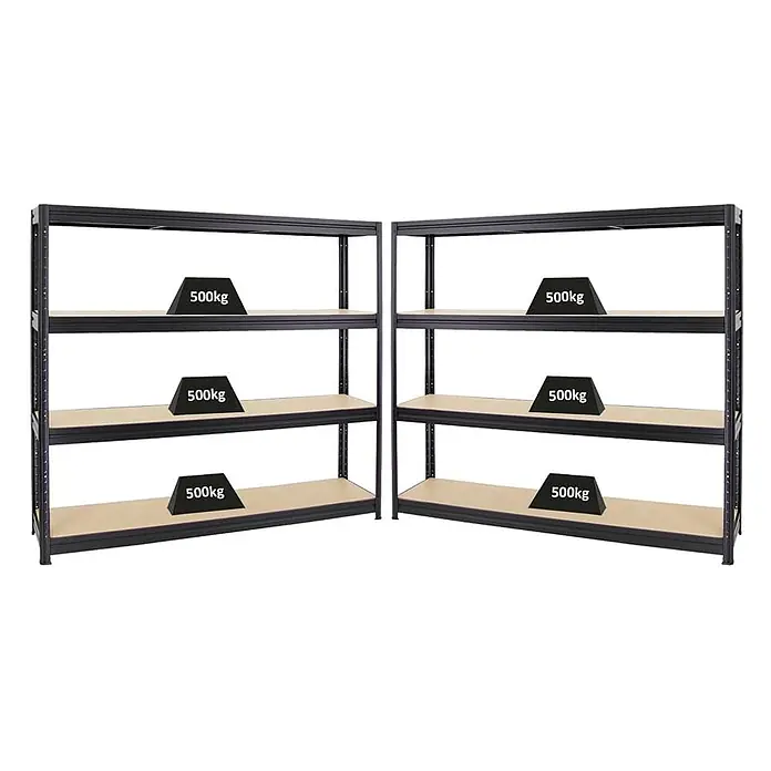 Mega Deal | 2x Schwerlastregal DINO | HxBxT 180x200x45 cm | 4 MDF-Platten-Ebenen 6,5 mm |  Fachlast 500kg | Schwarz -  - Zwei schwarze Schwerlastregale aus Metall mit Holzablagen, jede Ablage für 500 kg ausgelegt.
