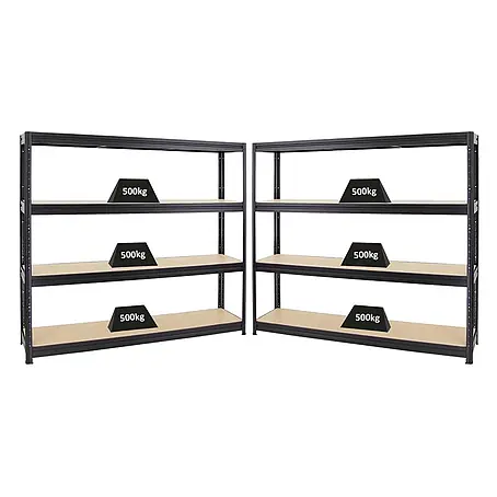 Mega Deal | 2x Schwerlastregal DINO | HxBxT 180x200x45 cm | 4 MDF-Platten-Ebenen 6,5 mm |  Fachlast 500kg | Schwarz