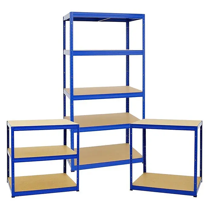 Mega Deal | 2x Schwerlastregal Slim Elephant M | HxBxT 180x90x60 cm | 5 Ebenen | Fachlast 350 kg | Blau -  - Blaue Metallregale mit hellen Holzablagen, in verschiedenen modularen Konfigurationen gezeigt.