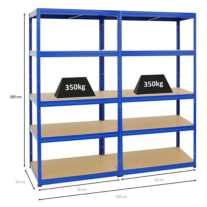 Mega Deal | 2x Schwerlastregal Slim Elephant M | HxBxT 180x90x60 cm | 5 Ebenen | Fachlast 350 kg | Blau -  - Blaues Metallregal mit Holzböden. Eine robuste Lagerlösung mit hoher Tragkraft pro Boden.