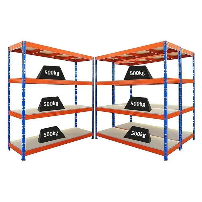 Mega Deal | 3x Profi Schwerlastregal Rhino | HxBxT 200x200x60cm | 4 Spanplatten-Ebenen 16mm | Fachlast 500kg | Blau-Orange -  - Zwei blau-orange Schwerlastregale mit mehreren Böden, jeder trägt ein 500kg Gewicht.