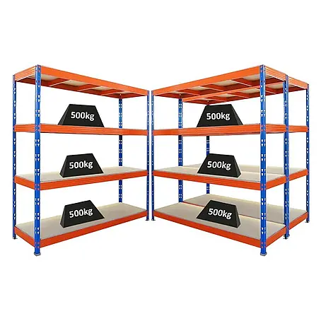 Mega Deal | 3x Profi Schwerlastregal Rhino | HxBxT 200x200x60cm | 4 Spanplatten-Ebenen 16mm | Fachlast 500kg | Blau-Orange