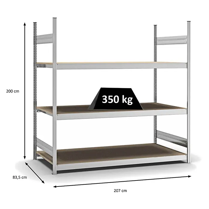 Proregal Schwerlastregal MAGNUS Stecksystem - H x B x T: 200 x 200 x 80 cm, Traglast pro Boden: 350 kg, Anzahl Böden: 3 Stk., Stecken, Verzinkt - Schwerlast-Metallregal, 200x207x83,5 cm, mit 3 Holzregalböden, 350 kg Tragkraft pro Boden.