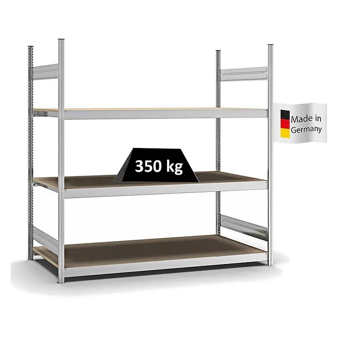 Proregal Schwerlastregal MAGNUS Stecksystem - H x B x T: 200 x 200 x 80 cm, Traglast pro Boden: 350 kg, Anzahl Böden: 3 Stk., Stecken, Verzinkt - Graues Metallregal mit 3 Holzfächern, 350 kg Traglast. Hergestellt in Deutschland.