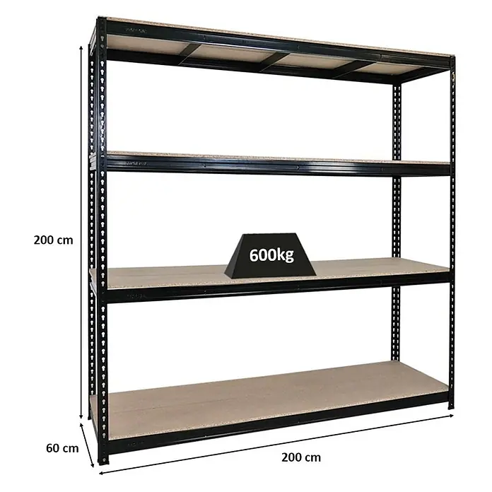Profi Schwerlastregal BISON 200x200x60cm 4 Spanplatten 15mm 600kg Schwarz -  - Schwarzes Metallregal mit Holzböden, 200x200x60cm, 600kg Traglast. Ideal für Schwerlastlagerung.